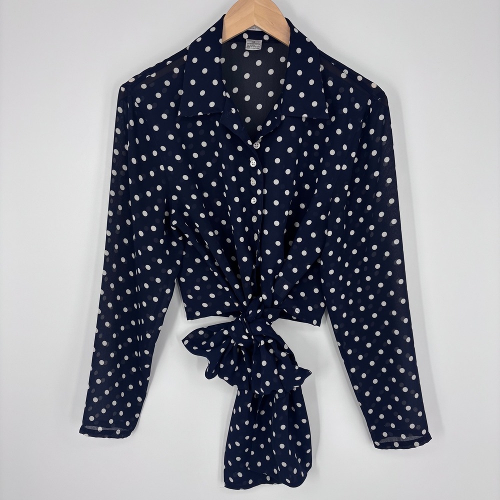 Armand Ventilo Paris Blouse Womens 12 Navy Blue Polka Dot Tie Front Vintage Chic